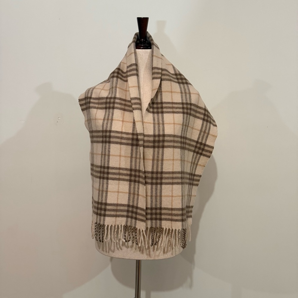 BURBERRY Check Lambswool Scarf  in Cream and Taupe - Picture 2 of 5